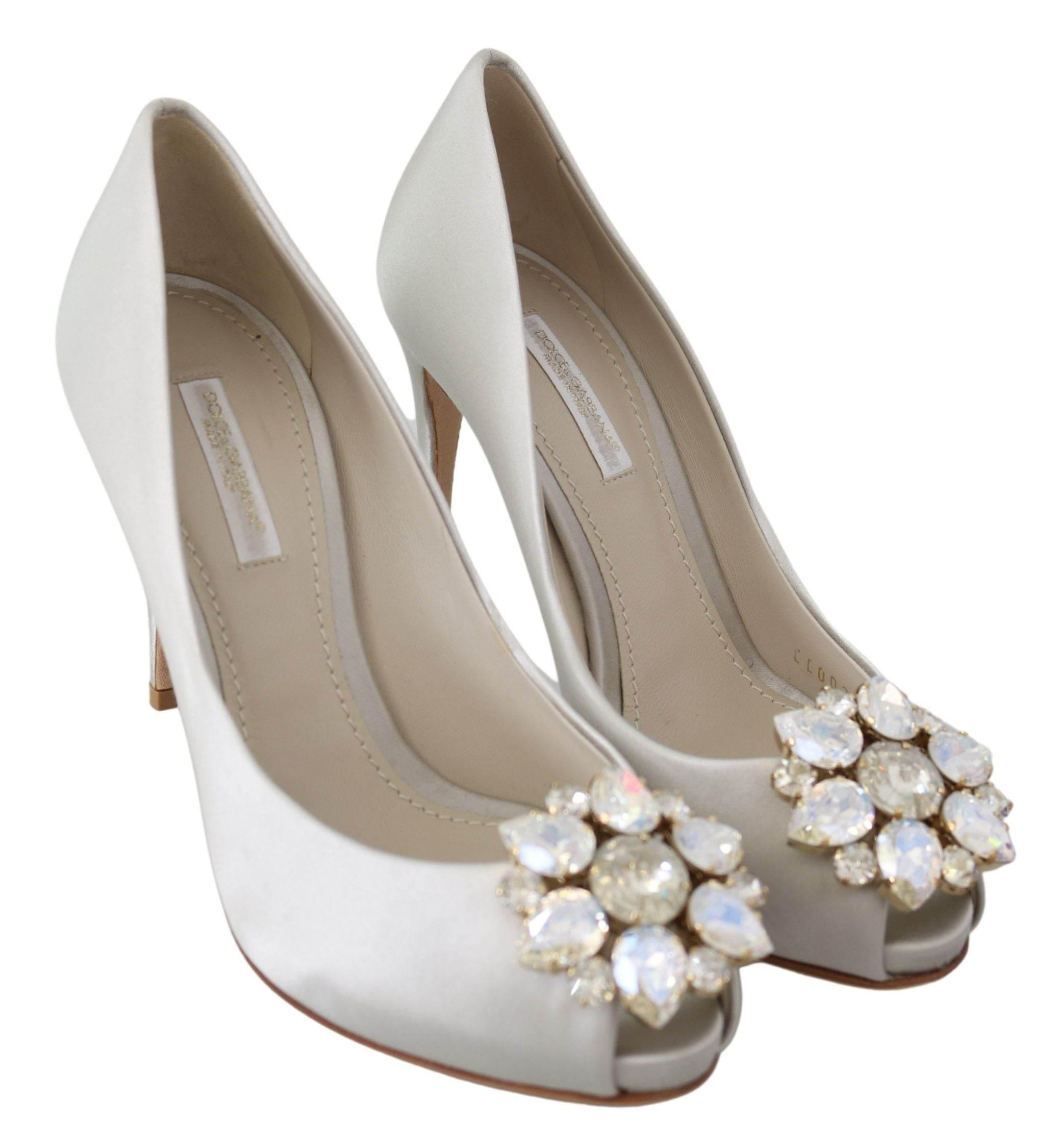 Dolce & Gabbana White Crystal Peep Toe Silk Blend Heels - Hilstor