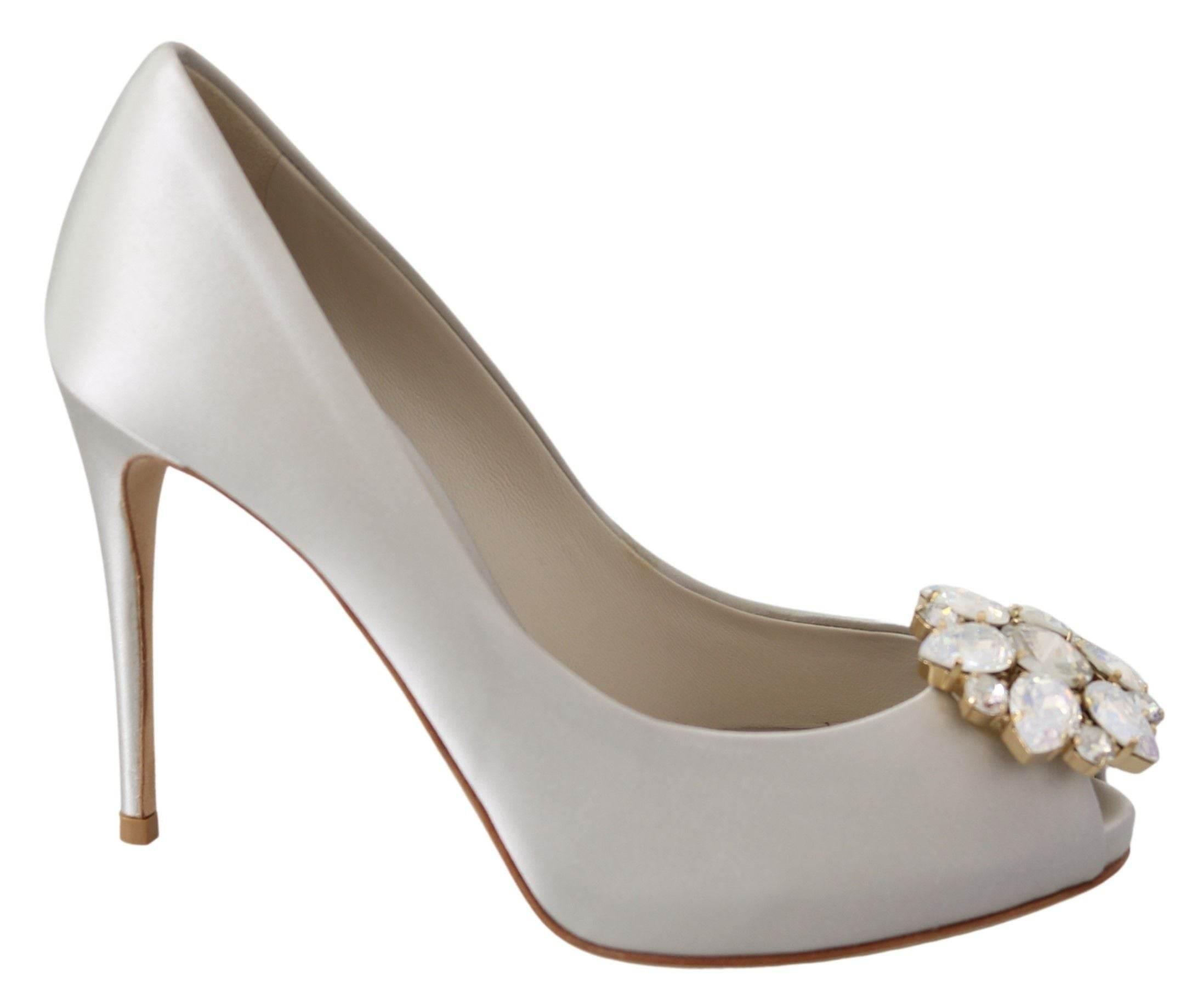Dolce & Gabbana White Crystal Peep Toe Silk Blend Heels - Hilstor