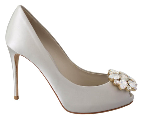 Dolce & Gabbana White Crystal Peep Toe Silk Blend Heels - Hilstor