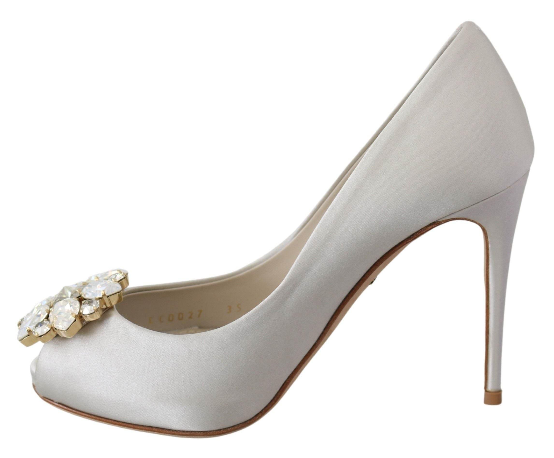 Dolce & Gabbana White Crystal Peep Toe Silk Blend Heels - Hilstor