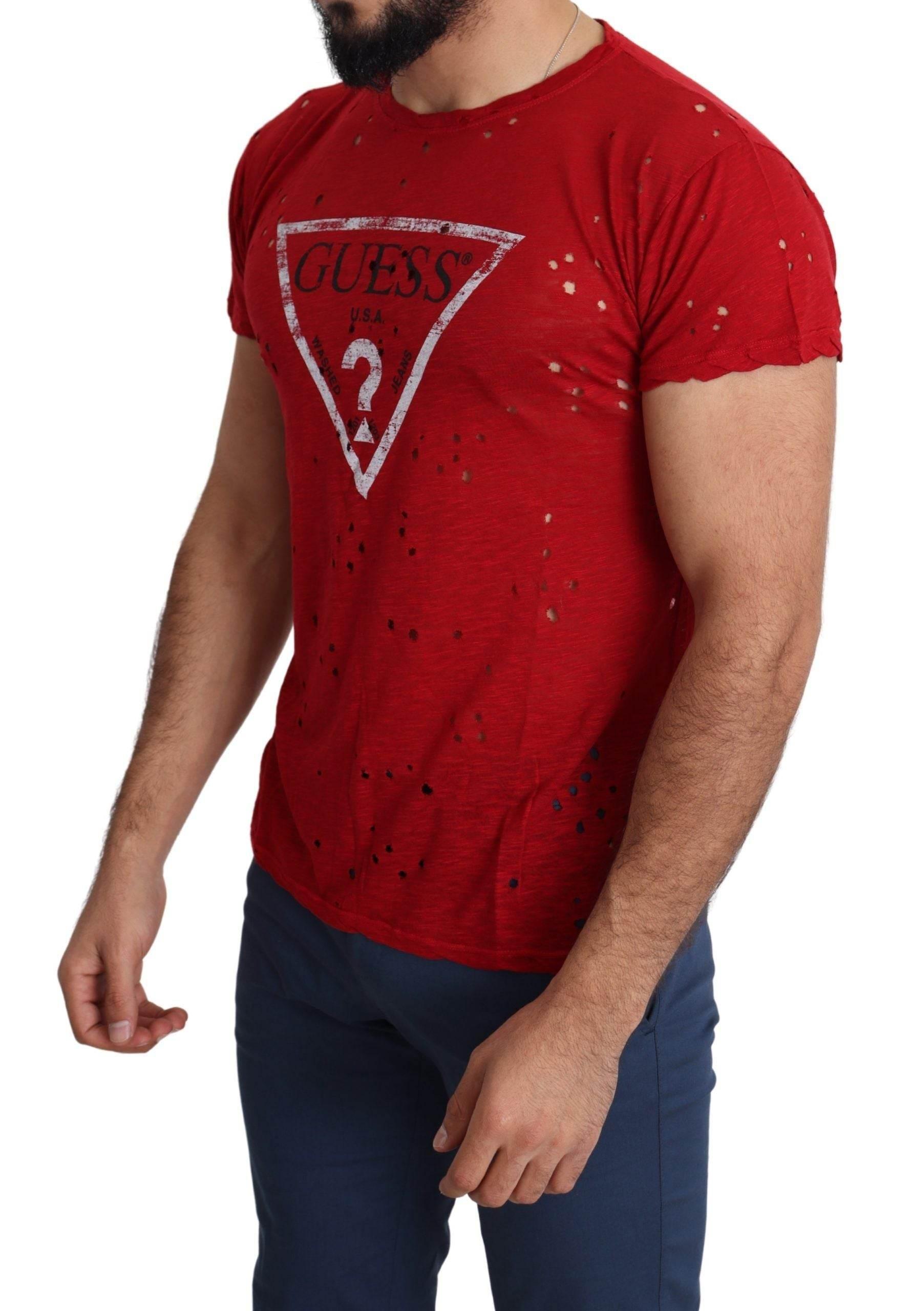Guess Red Cotton Logo Print Men Casual Top Perforated T-shirt - Hilstor