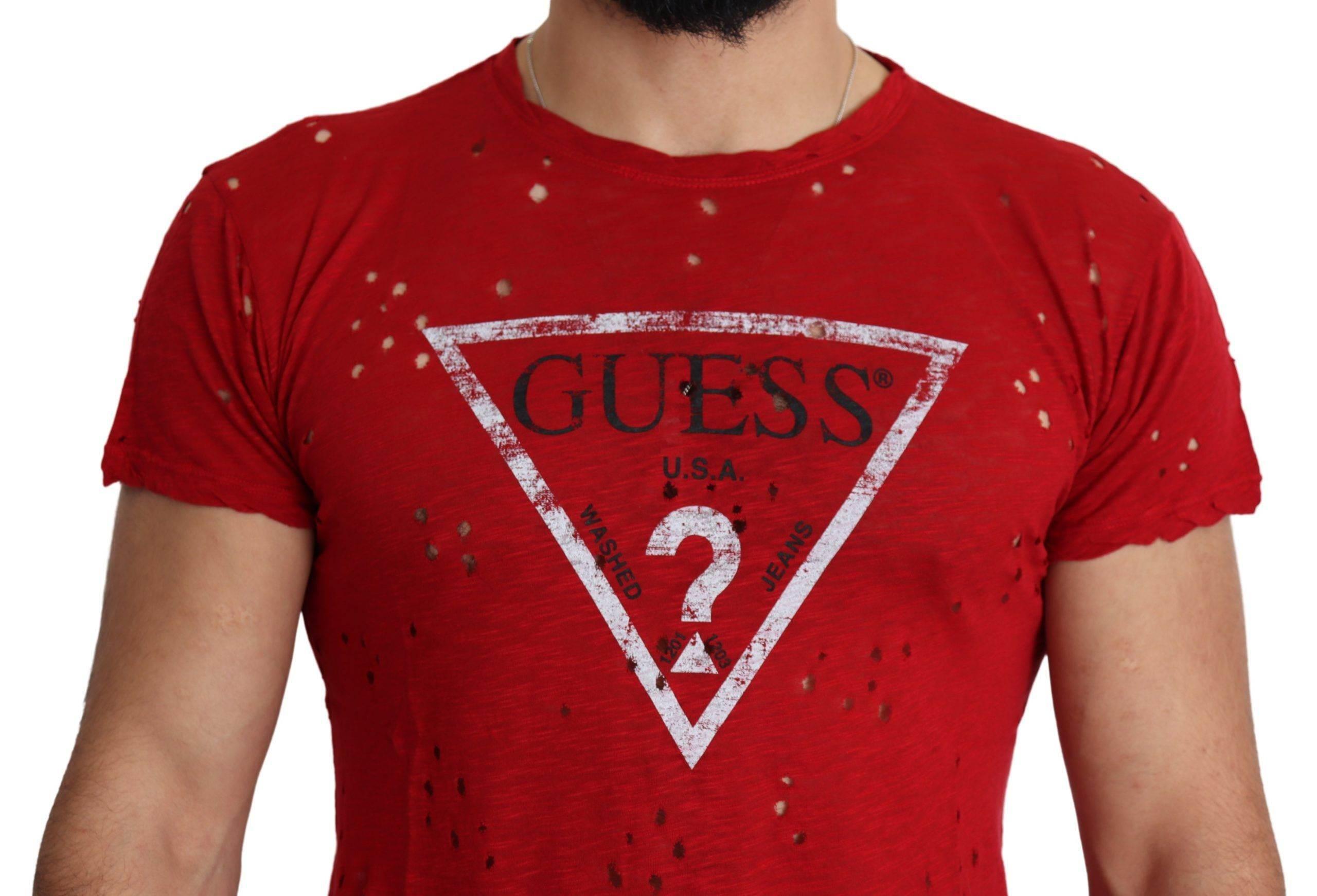 Guess Red Cotton Logo Print Men Casual Top Perforated T-shirt - Hilstor