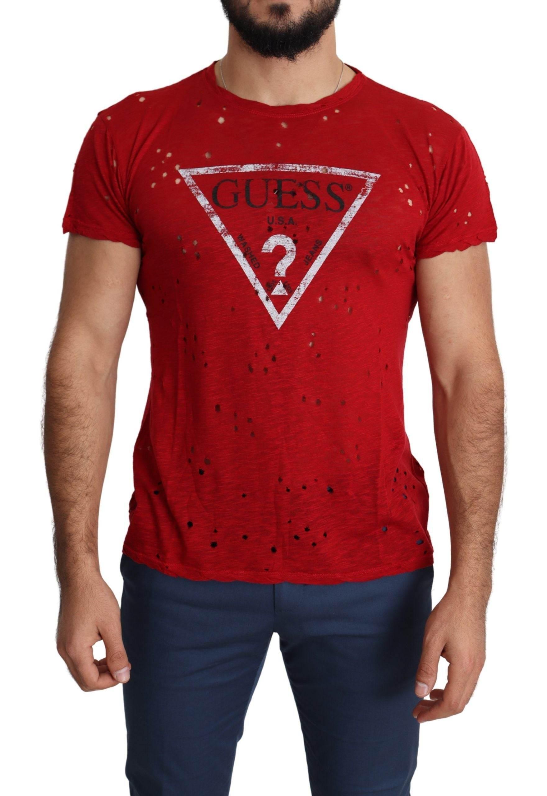 Guess Red Cotton Logo Print Men Casual Top Perforated T-shirt - Hilstor