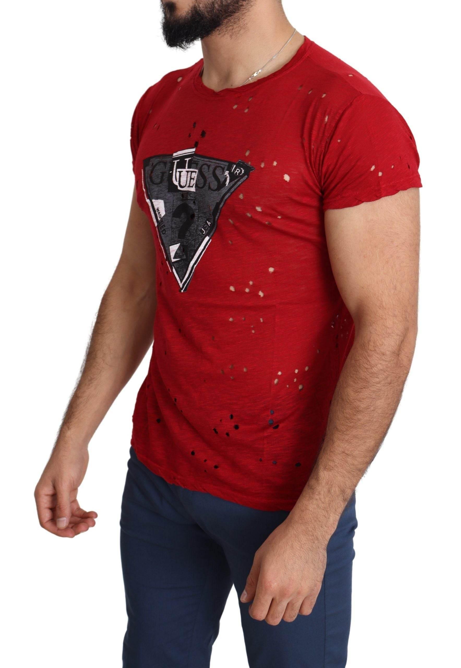 Guess Red Cotton Logo Print Men Casual Top Perforated T-shirt - Hilstor