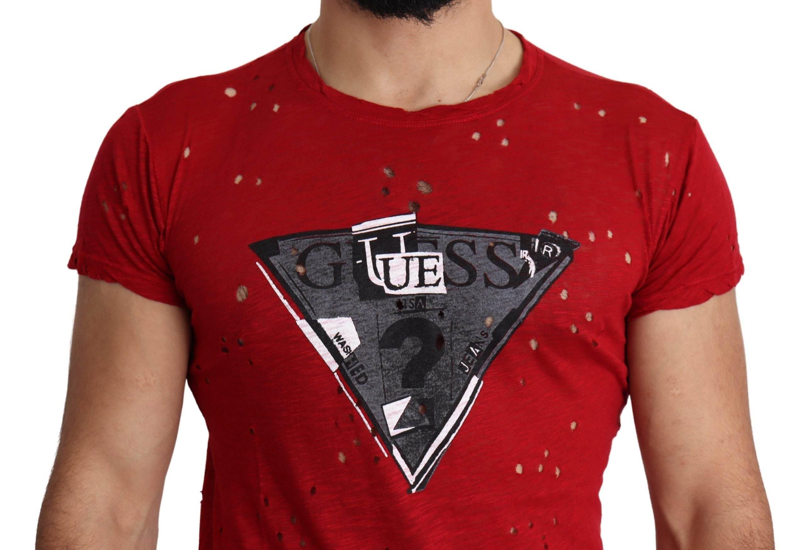 Guess Red Cotton Logo Print Men Casual Top Perforated T-shirt - Hilstor