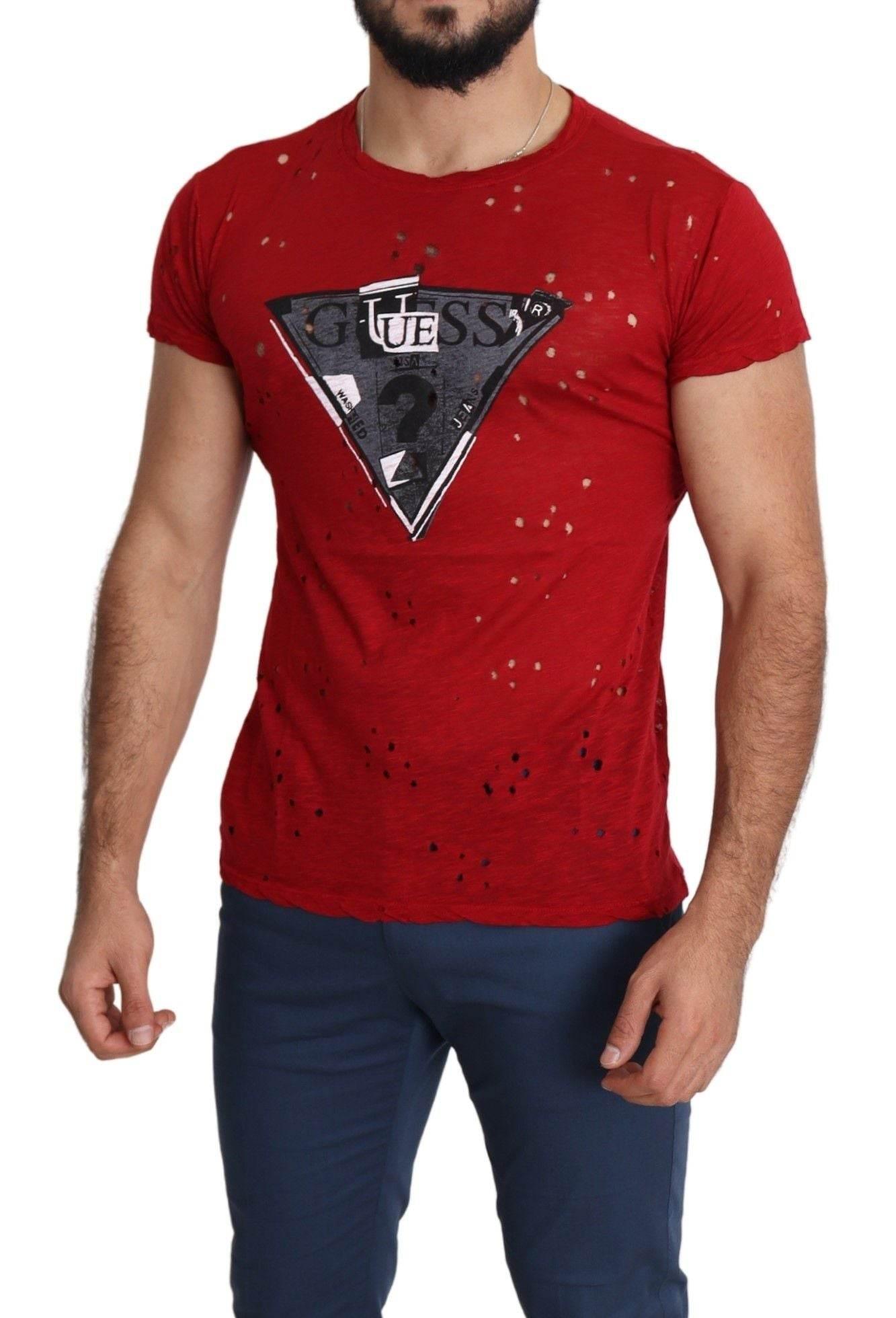 Guess Red Cotton Logo Print Men Casual Top Perforated T-shirt - Hilstor