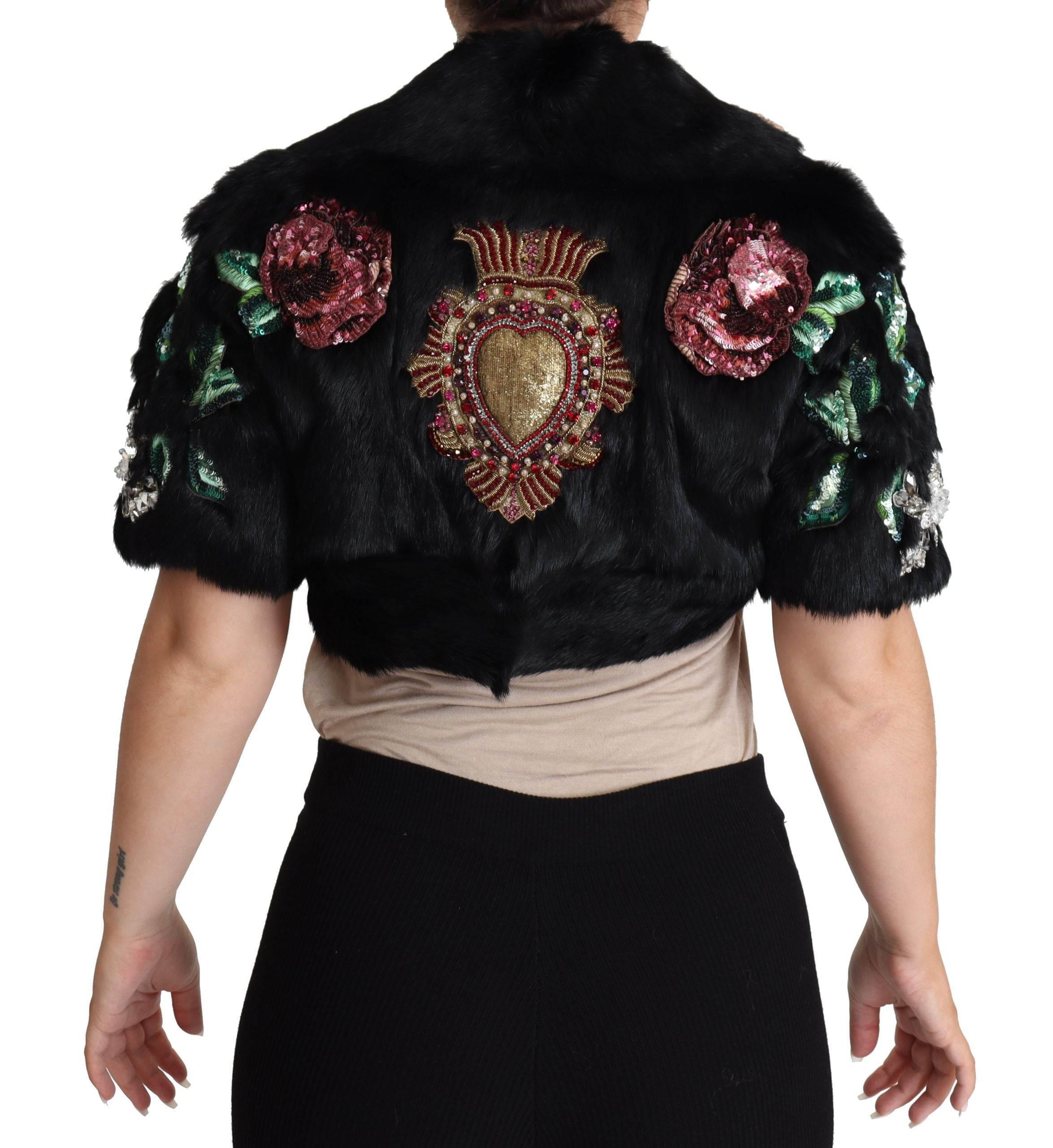 Dolce & Gabbana Black Rabbit Fur Crystals Sequin Coat - Hilstor