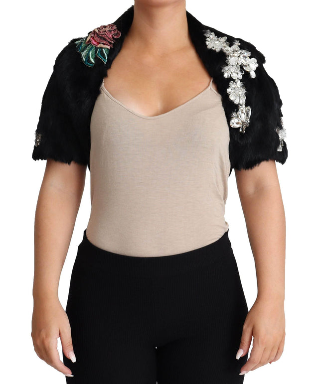 Dolce & Gabbana Black Rabbit Fur Crystals Sequin Coat - Hilstor