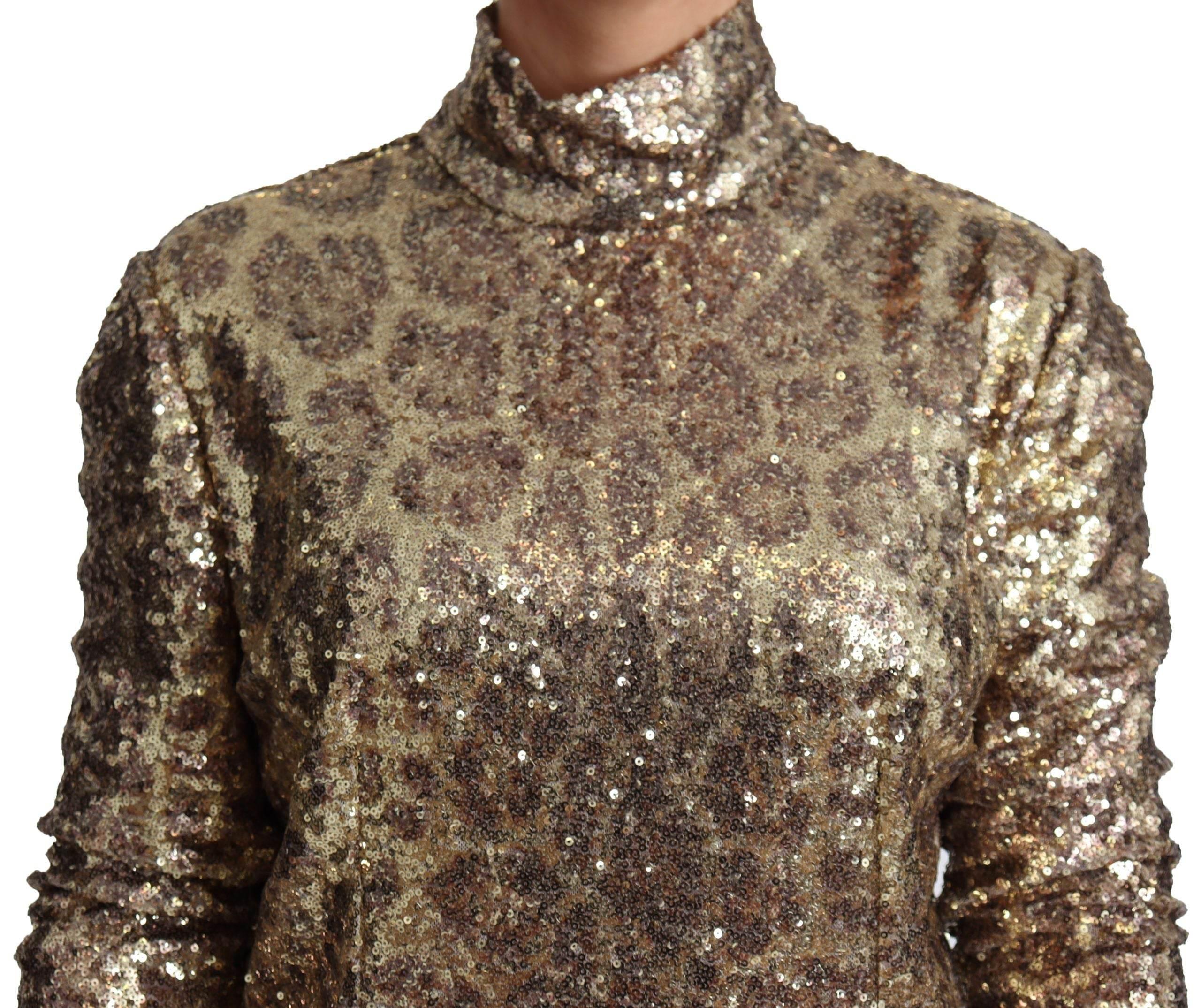 Dolce & Gabbana Brown Leopard Fit Turtleneck Sequin Sweater - Hilstor
