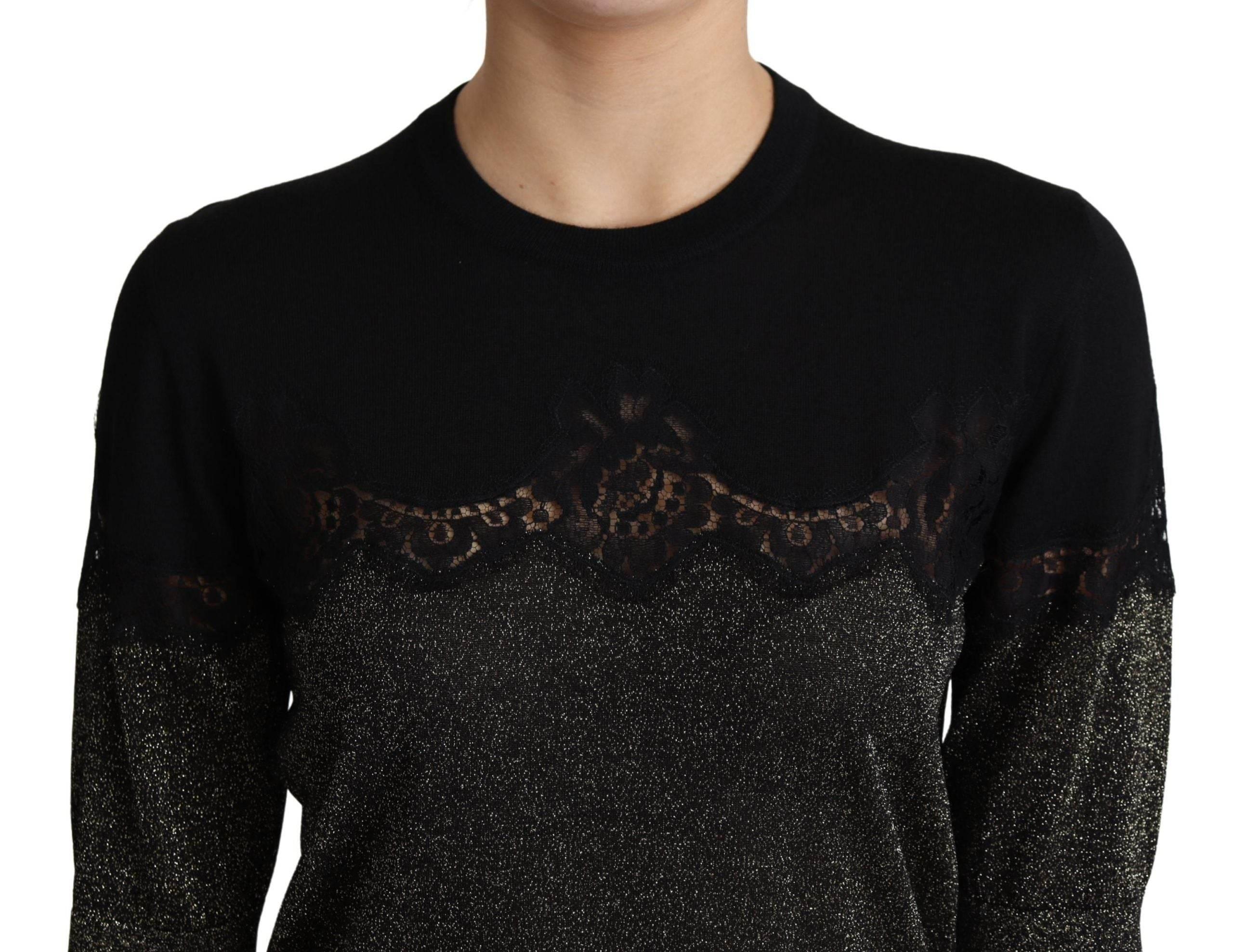 Dolce & Gabbana Black Shiny Lurex Lace Insert Pullover Top - Hilstor