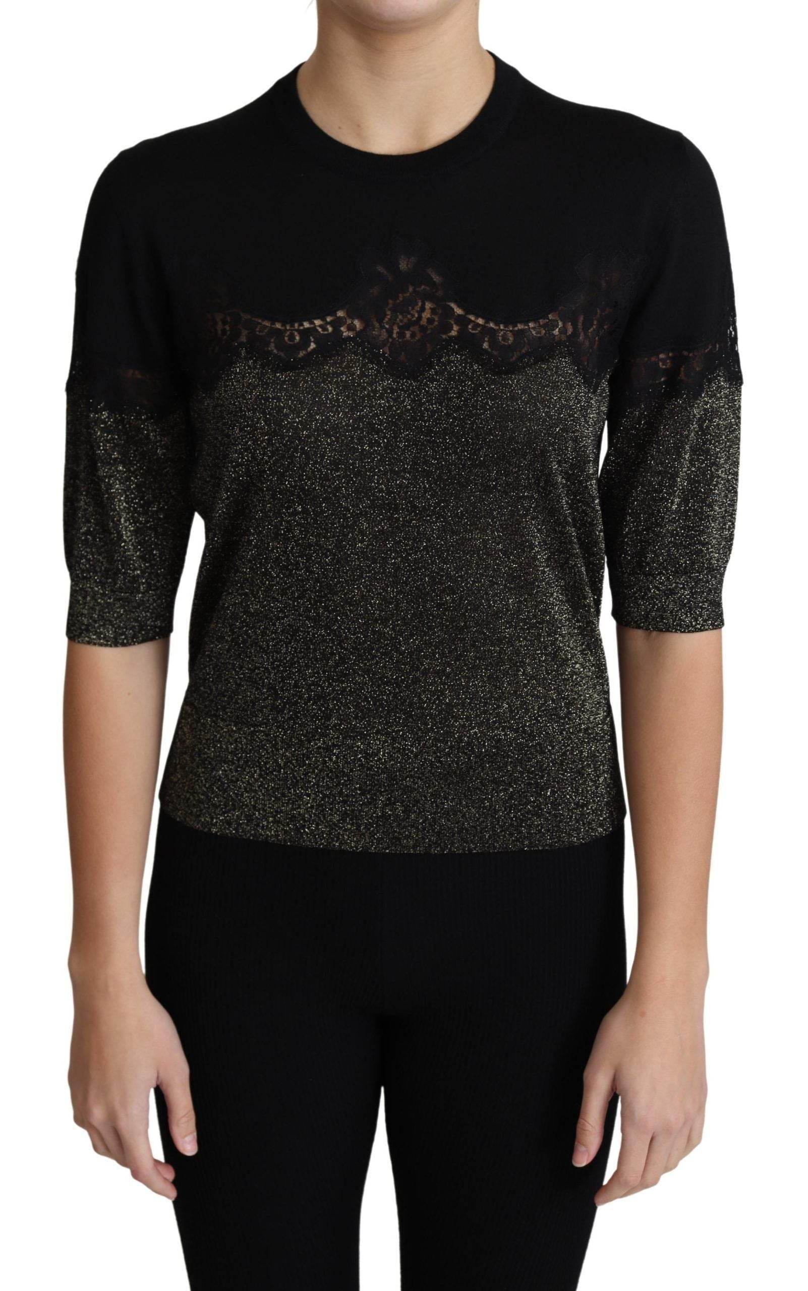Dolce & Gabbana Black Shiny Lurex Lace Insert Pullover Top - Hilstor