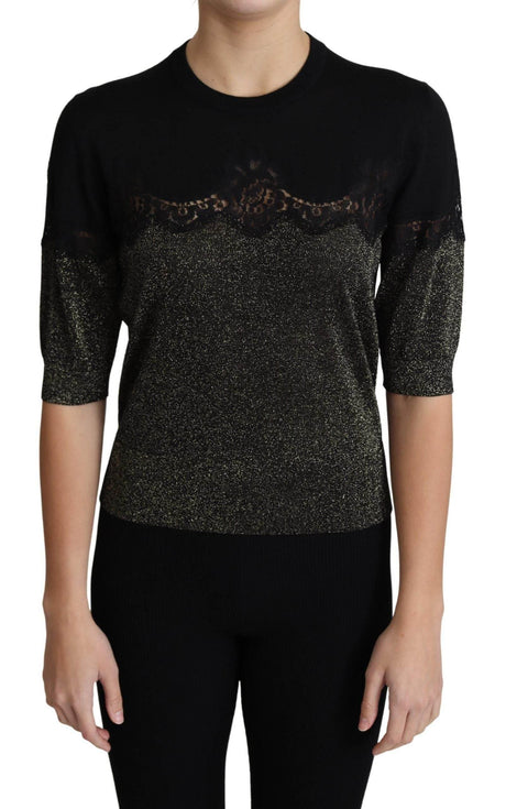 Dolce & Gabbana Black Shiny Lurex Lace Insert Pullover Top - Hilstor