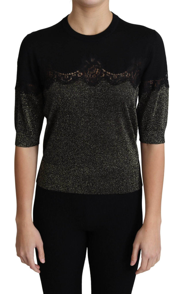 Dolce & Gabbana Black Shiny Lurex Lace Insert Pullover Top - Hilstor
