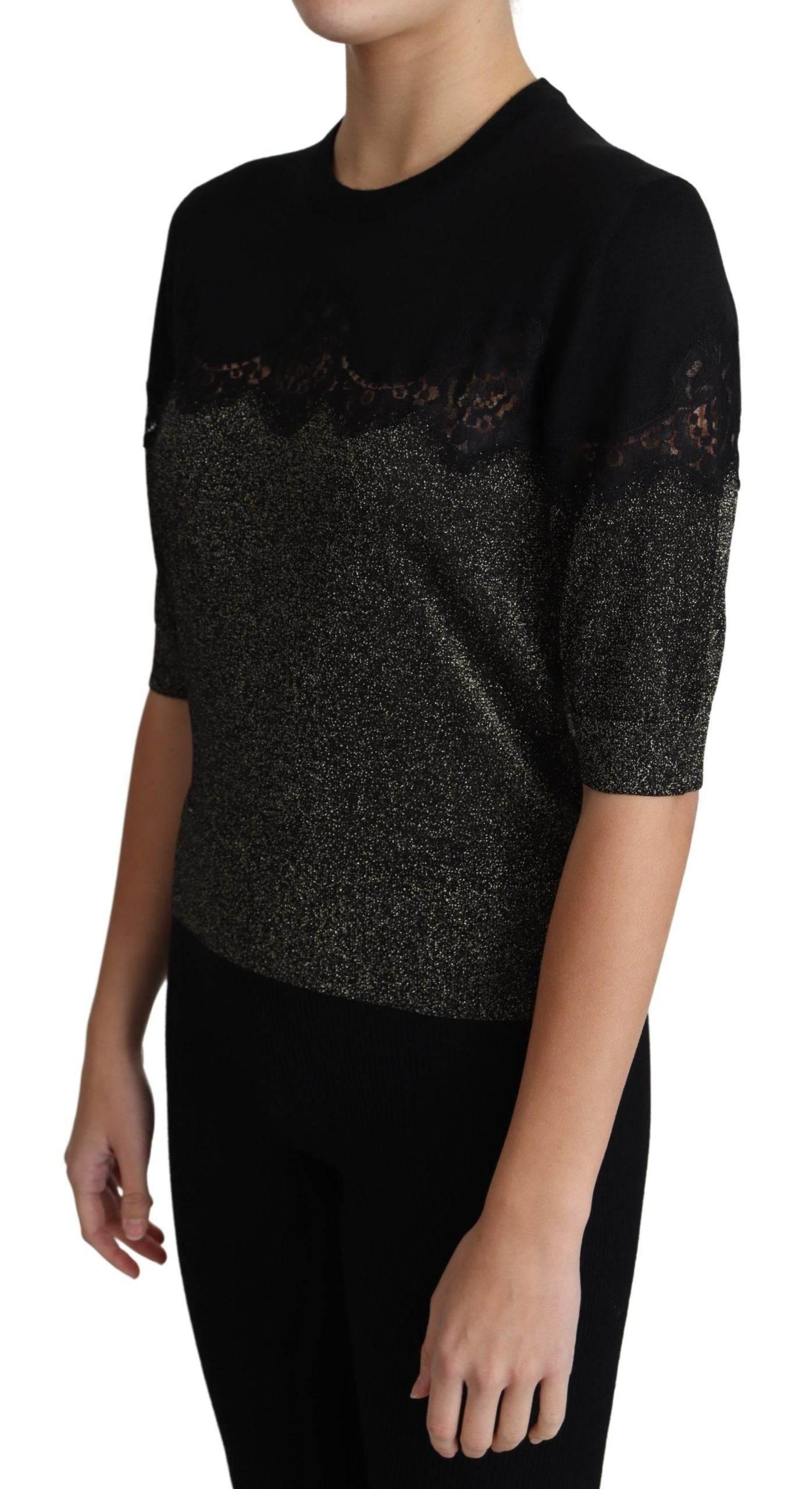 Dolce & Gabbana Black Shiny Lurex Lace Insert Pullover Top - Hilstor