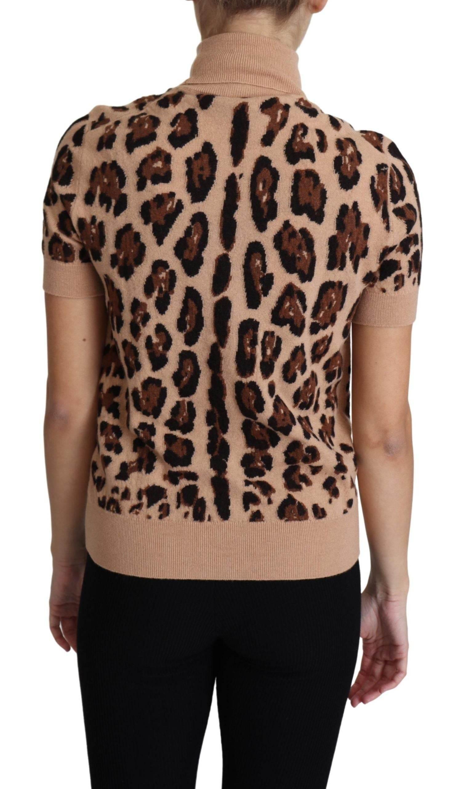 Dolce & Gabbana Beige Leopard Print Virgin Wool Turtleneck Top - Hilstor