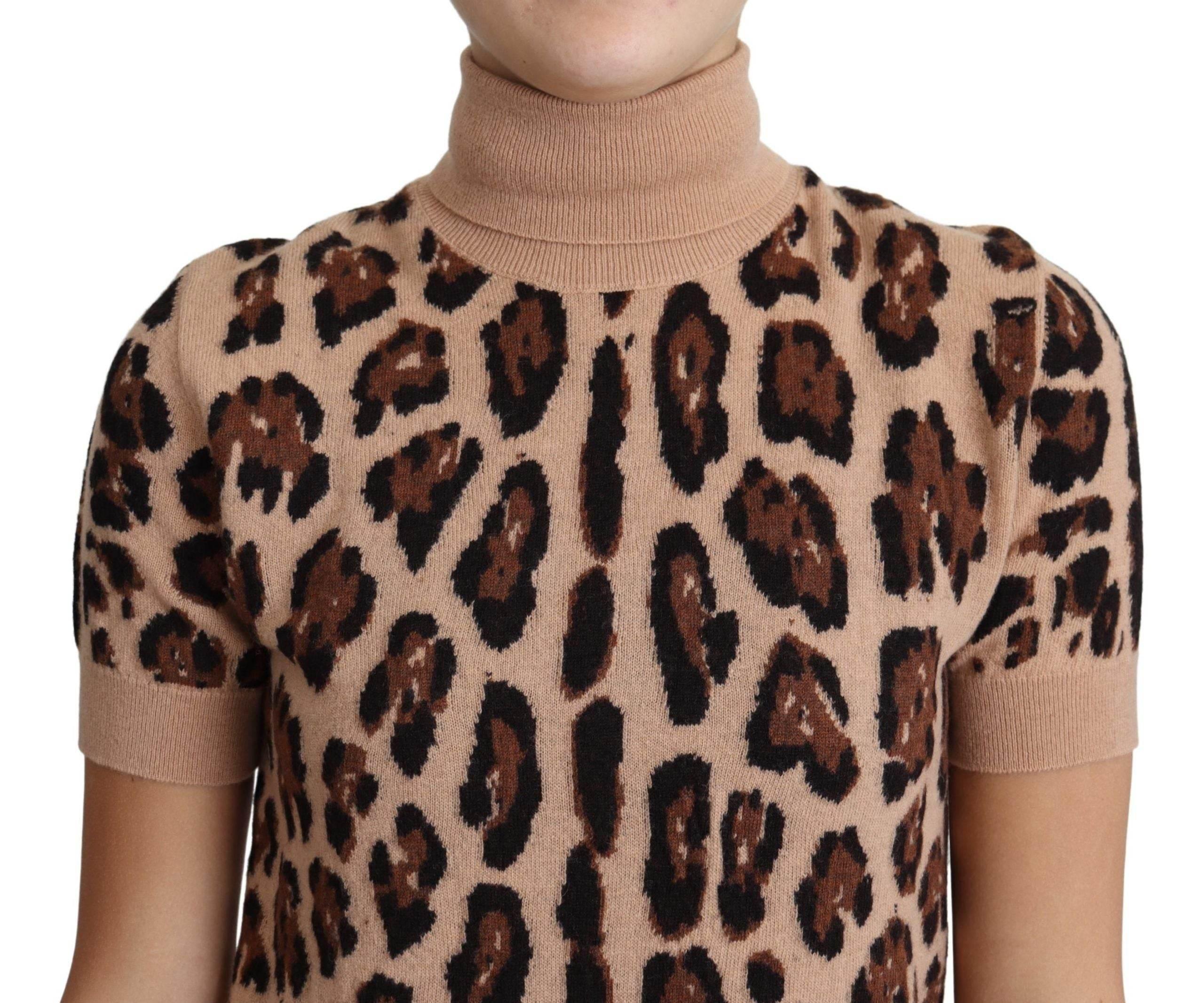 Dolce & Gabbana Beige Leopard Print Virgin Wool Turtleneck Top - Hilstor