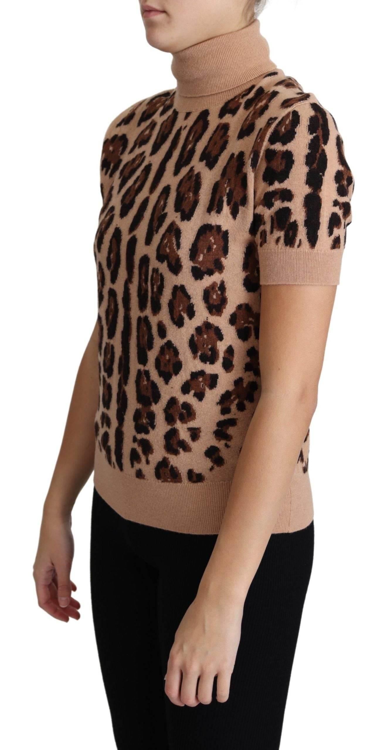 Dolce & Gabbana Beige Leopard Print Virgin Wool Turtleneck Top - Hilstor