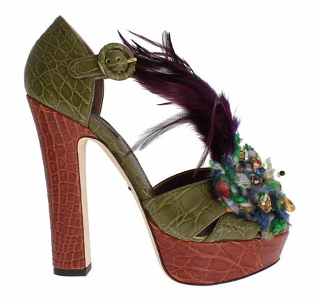 Dolce & Gabbana Green Leather Crystal Platform Sandal Shoes - Hilstor
