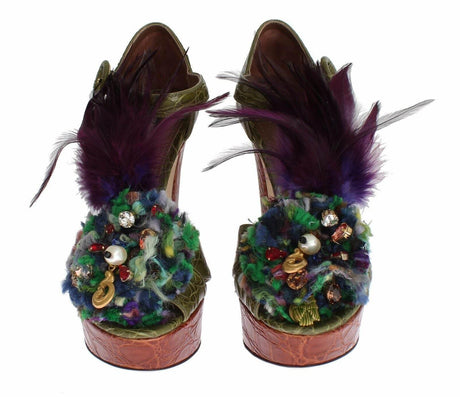 Dolce & Gabbana Green Leather Crystal Platform Sandal Shoes - Hilstor