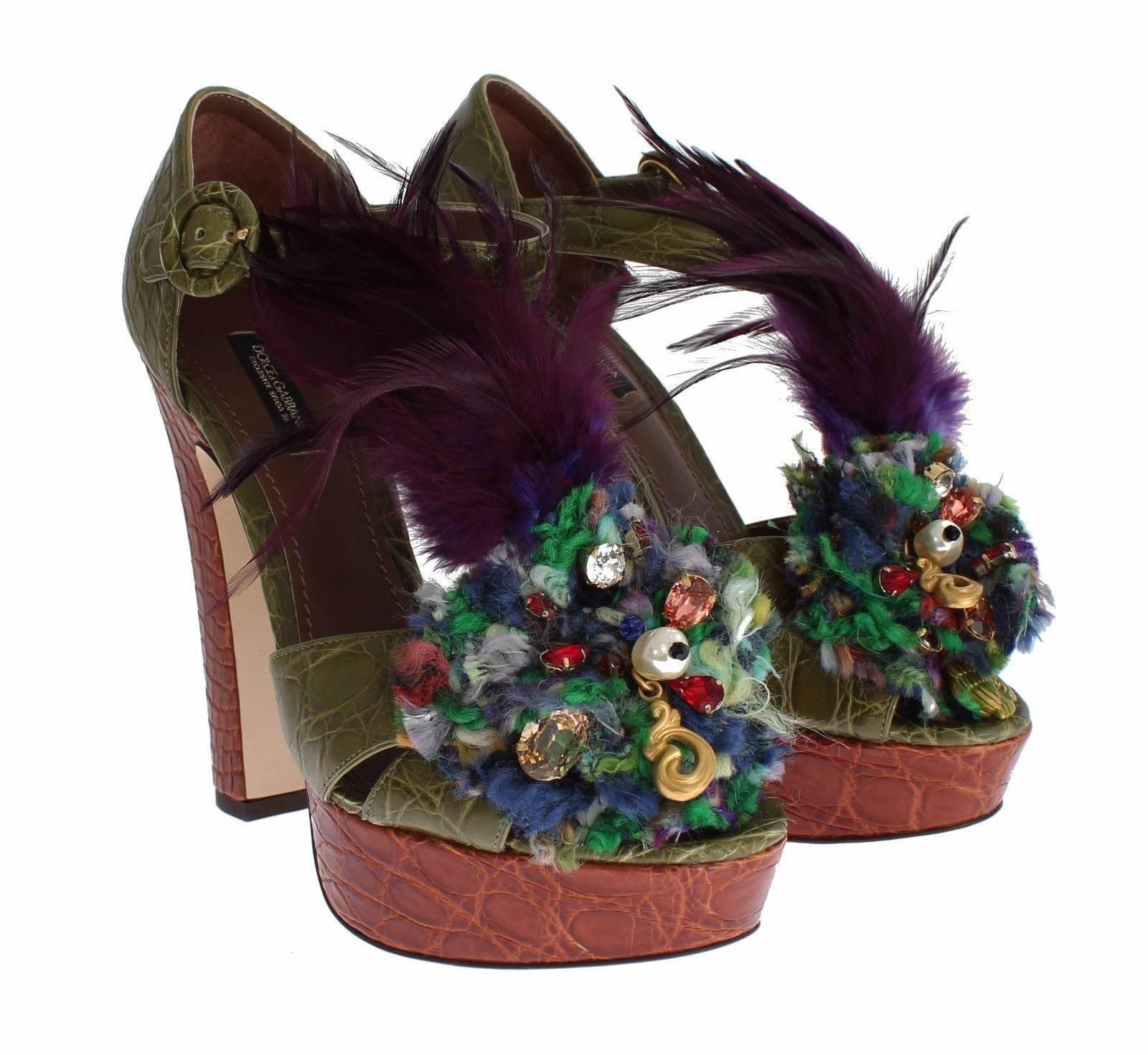 Dolce & Gabbana Green Leather Crystal Platform Sandal Shoes - Hilstor