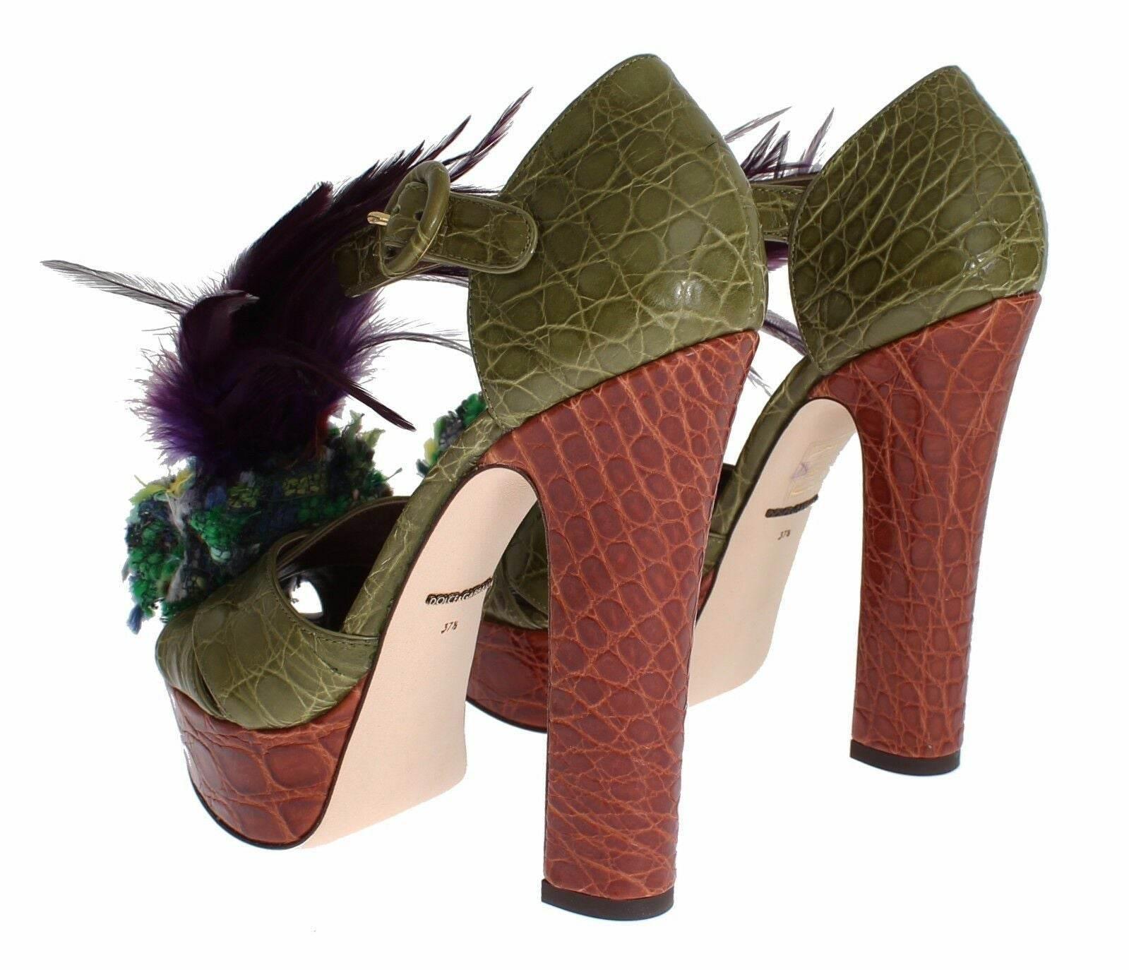 Dolce & Gabbana Green Leather Crystal Platform Sandal Shoes - Hilstor