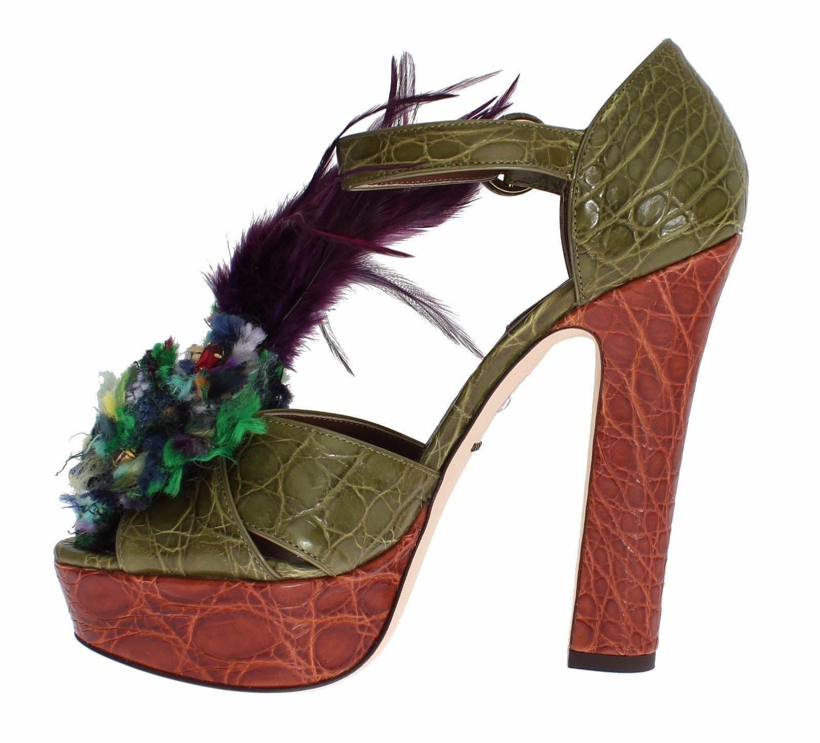 Dolce & Gabbana Green Leather Crystal Platform Sandal Shoes - Hilstor
