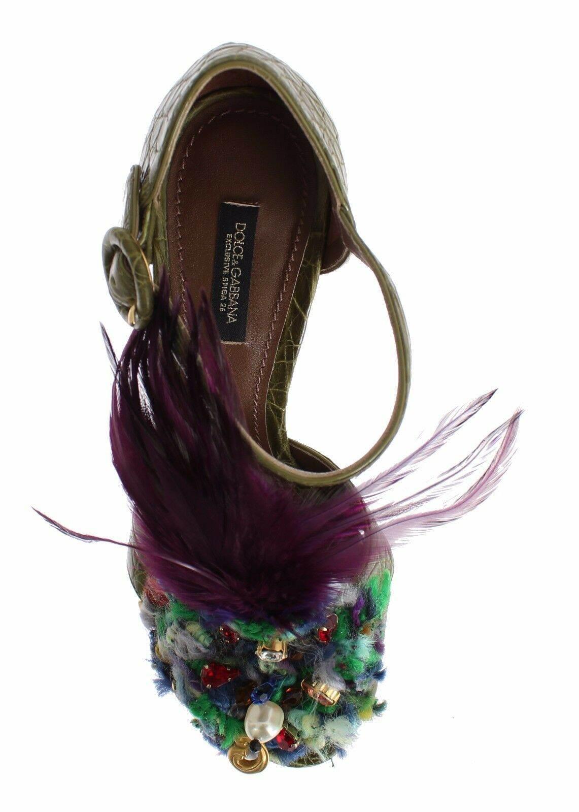 Dolce & Gabbana Green Leather Crystal Platform Sandal Shoes - Hilstor