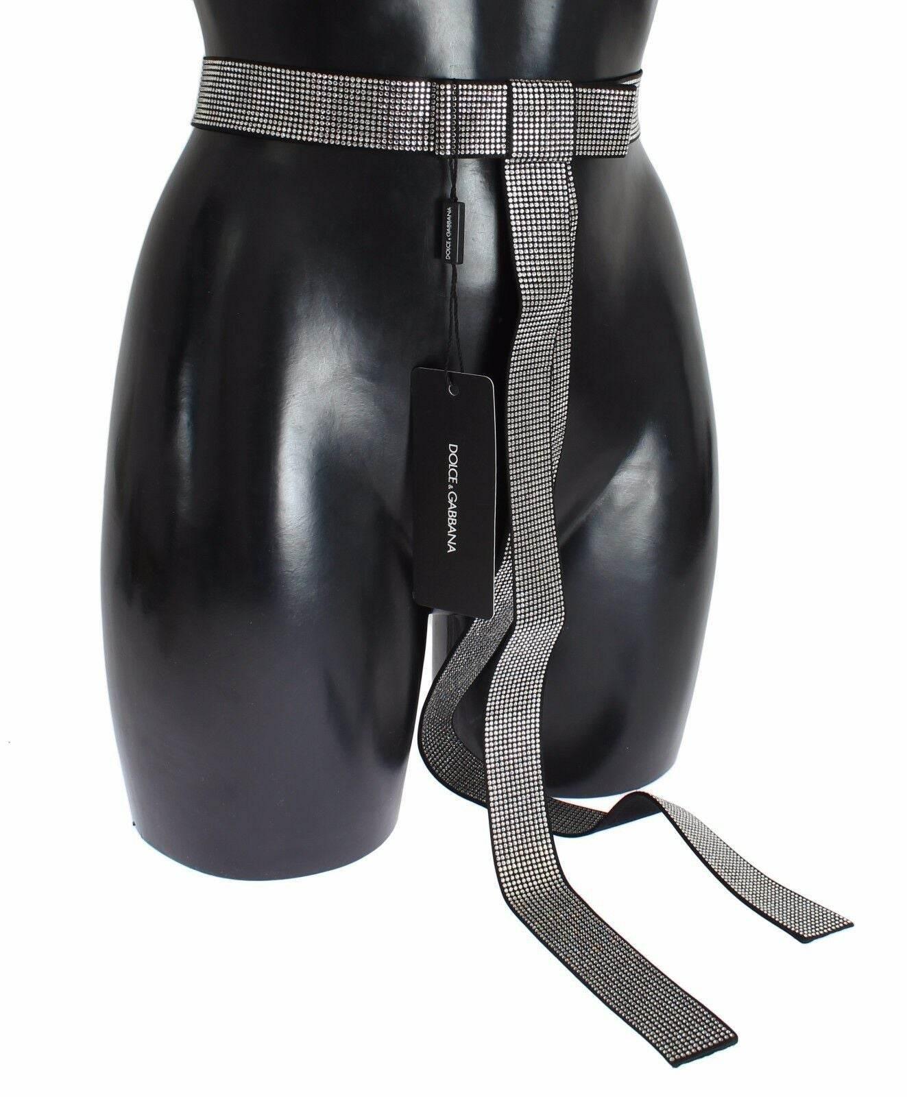 Dolce & Gabbana Black Silk Clear Crystal Bow Waist Belt - Hilstor