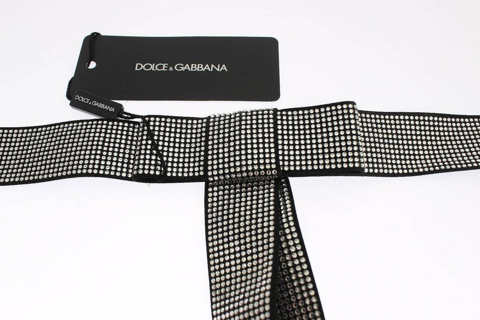 Dolce & Gabbana Black Silk Clear Crystal Bow Waist Belt - Hilstor
