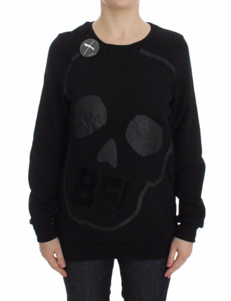 Exte Black Cotton Motive Print Crewneck Pullover Sweater - Hilstor