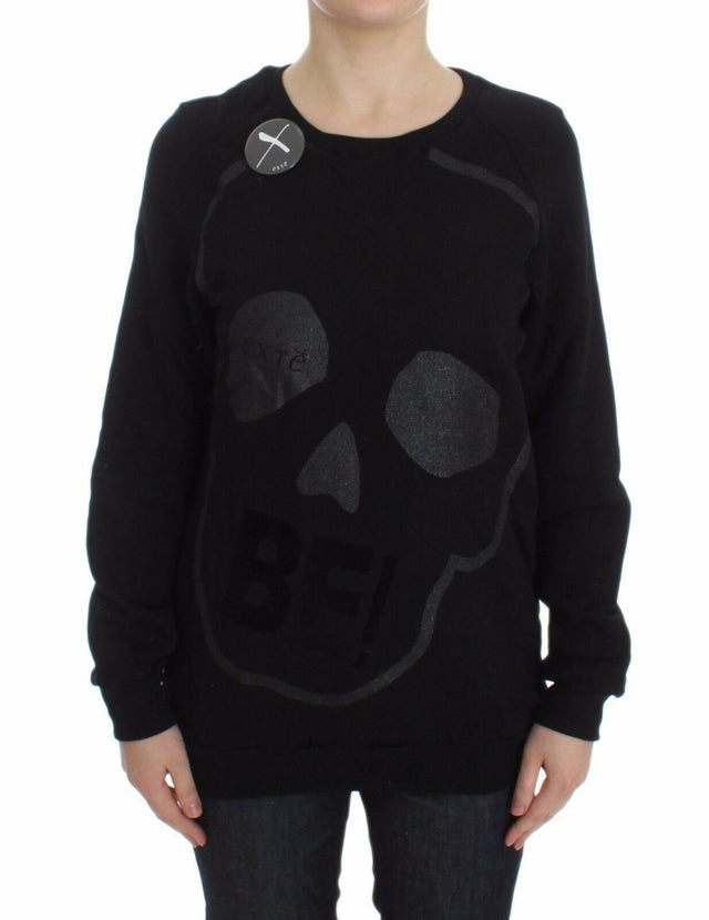 Exte Black Cotton Motive Print Crewneck Pullover Sweater - Hilstor