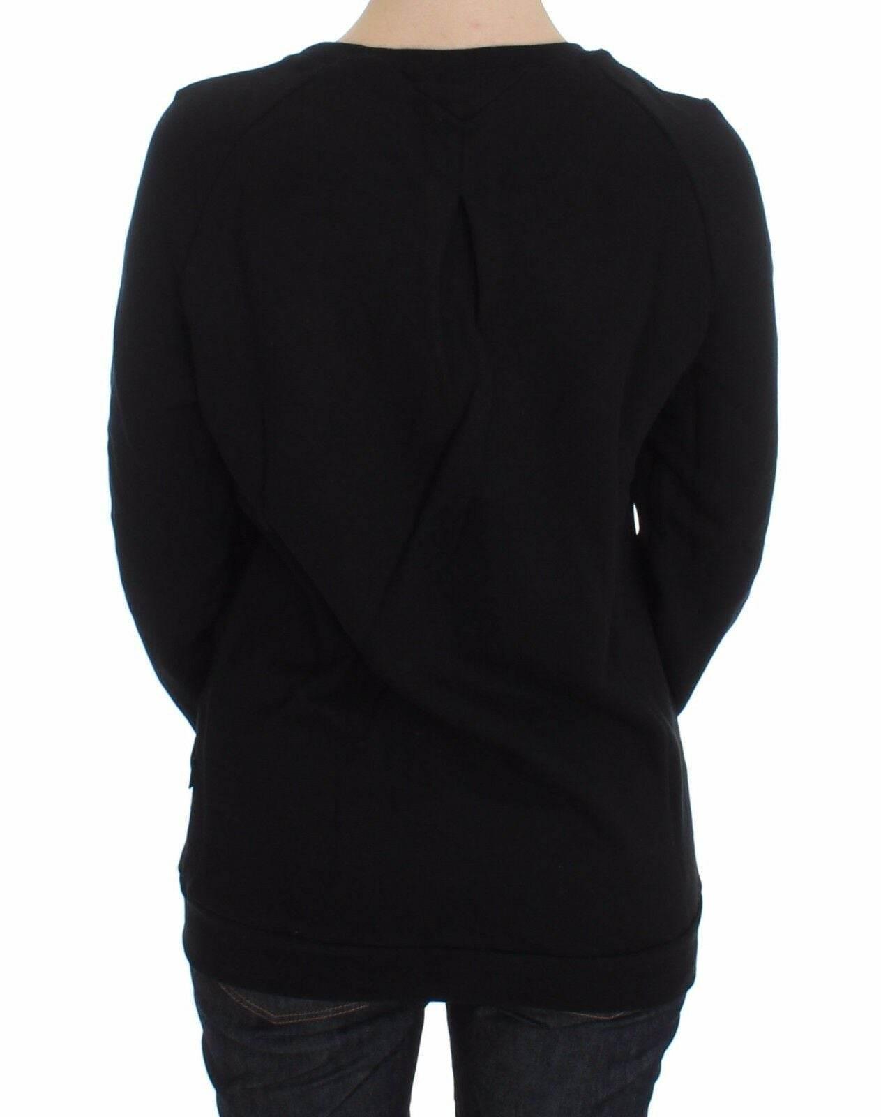 Exte Black Cotton Motive Print Crewneck Pullover Sweater - Hilstor