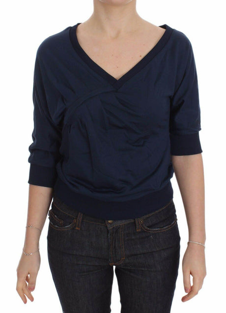 Exte Blue Cotton Top Pullover Deep V-neck Women Sweater - Hilstor