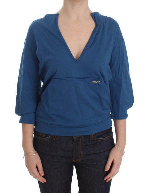 Exte Blue Cotton Top Pullover Deep V-neck Women Sweater - Hilstor