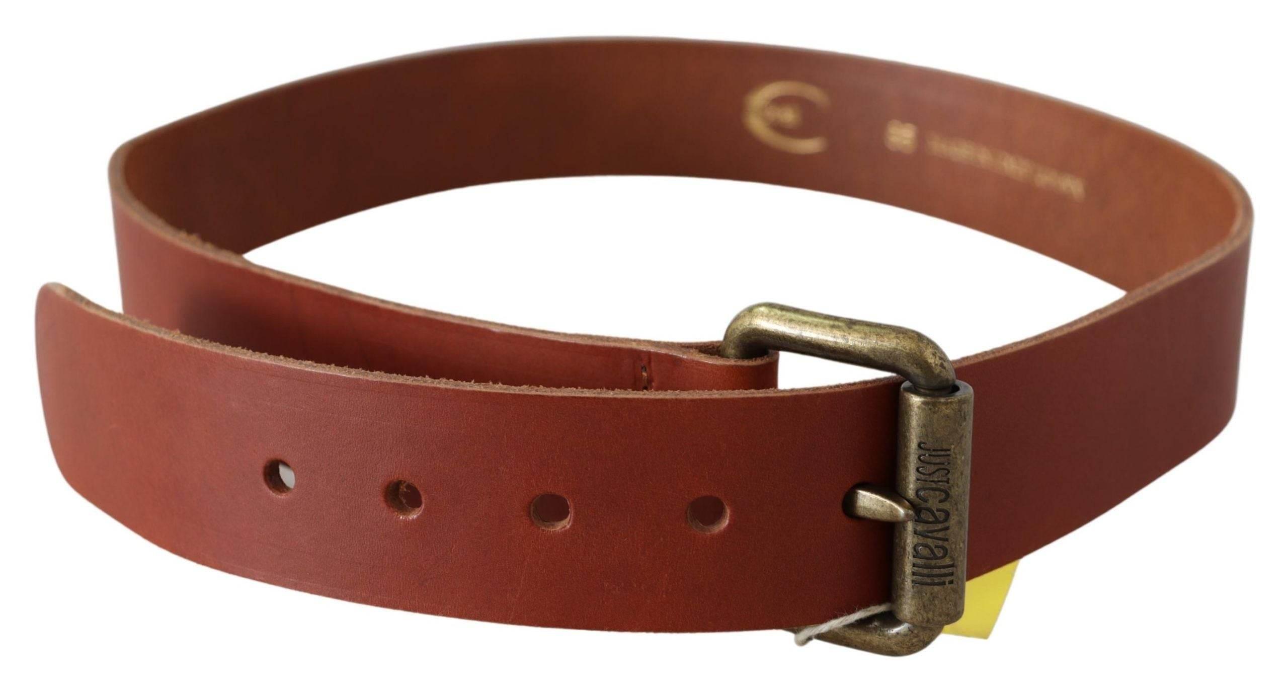 Just Cavalli Brown Leather Logo Bronze Rustic Metal Buckle Belt - Hilstor