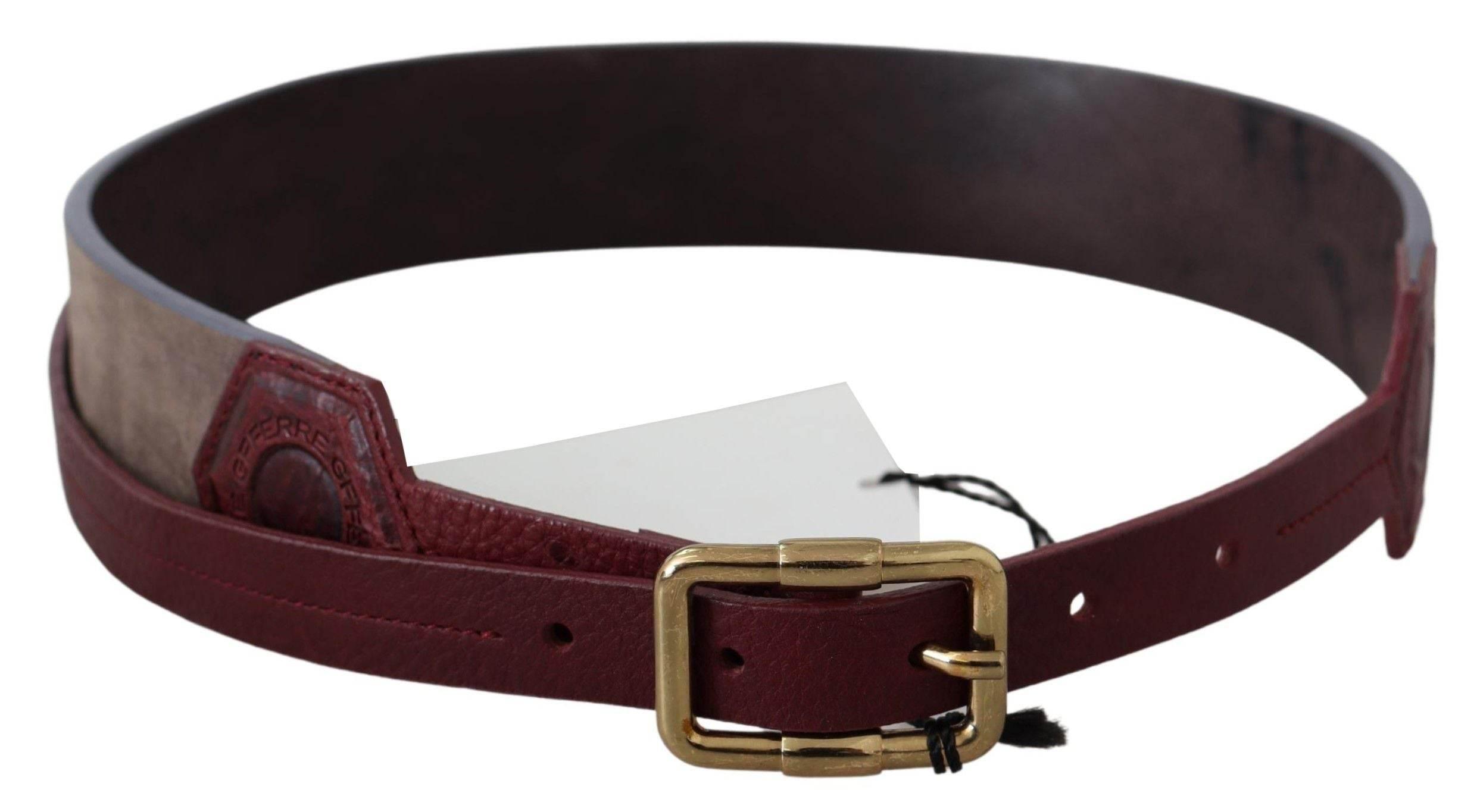 GF Ferre Brown Leather Wide Gold Chrome Logo Buckle Belt - Hilstor