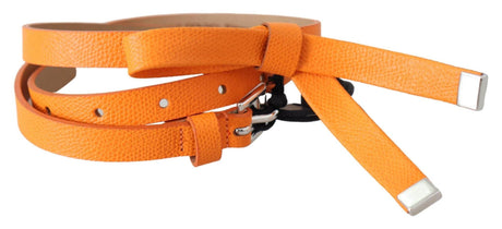 Scervino Street Orange Tangerine Leather Slim Silver Metal Buckle Belt - Hilstor