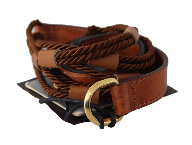 Scervino Street Brown Leather Braided Rope Gold Buckle Belt - Hilstor