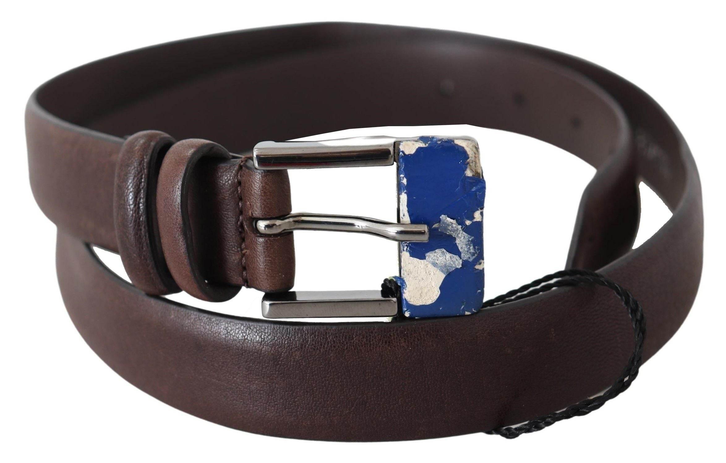 Costume National Elegant Brown Leather Classic Belt with Silver-Tone Buckle - Hilstor