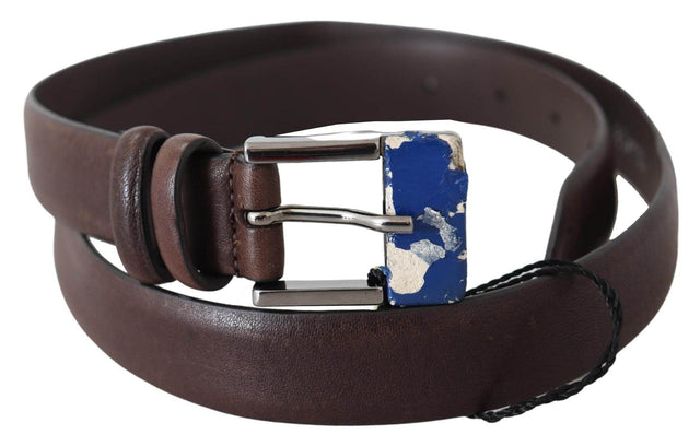 Costume National Elegant Brown Leather Classic Belt with Silver-Tone Buckle - Hilstor