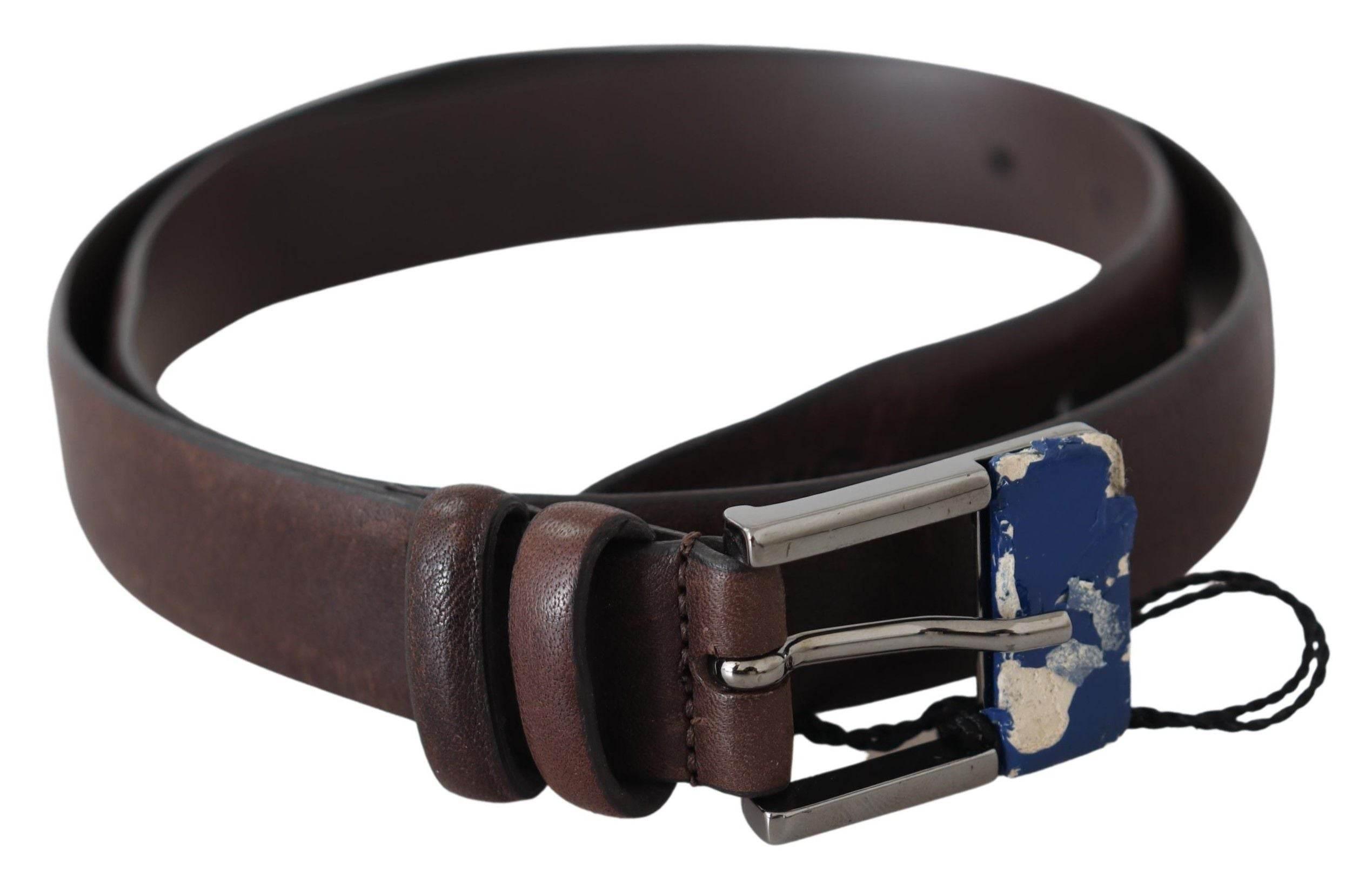 Costume National Elegant Brown Leather Classic Belt with Silver-Tone Buckle - Hilstor