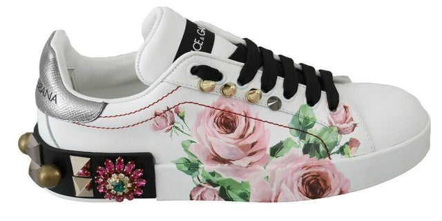 Dolce & Gabbana White Leather Crystal Roses Floral Sneakers Shoes - Hilstor