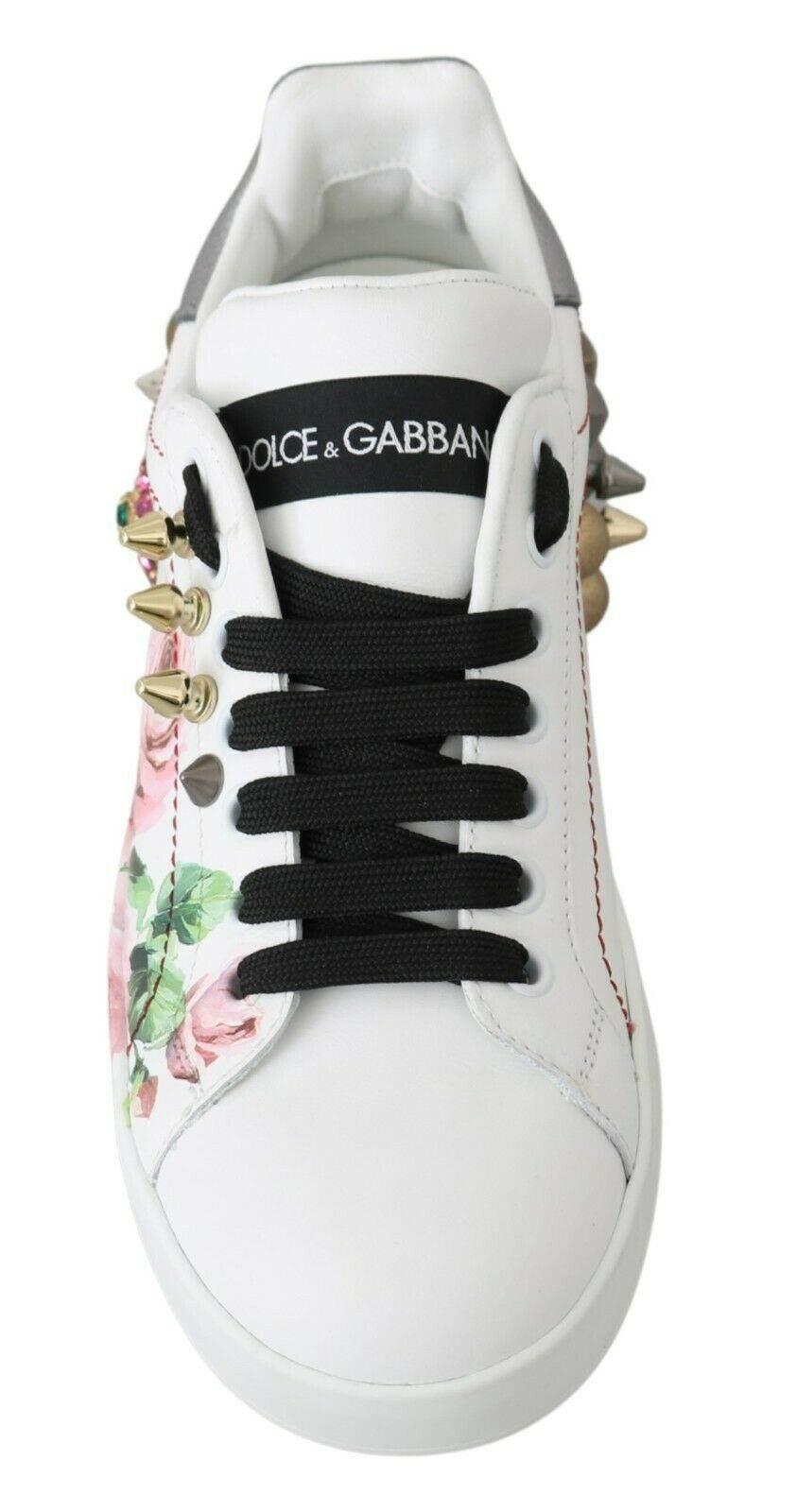 Dolce & Gabbana White Leather Crystal Roses Floral Sneakers Shoes - Hilstor