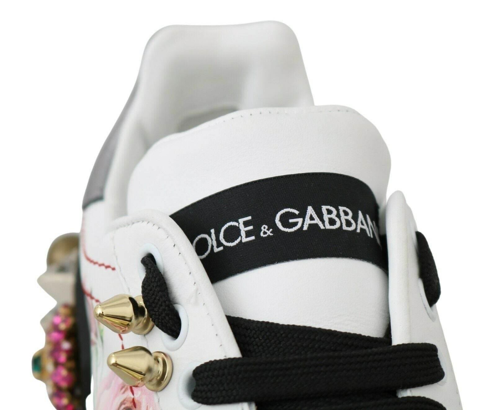 Dolce & Gabbana White Leather Crystal Roses Floral Sneakers Shoes - Hilstor