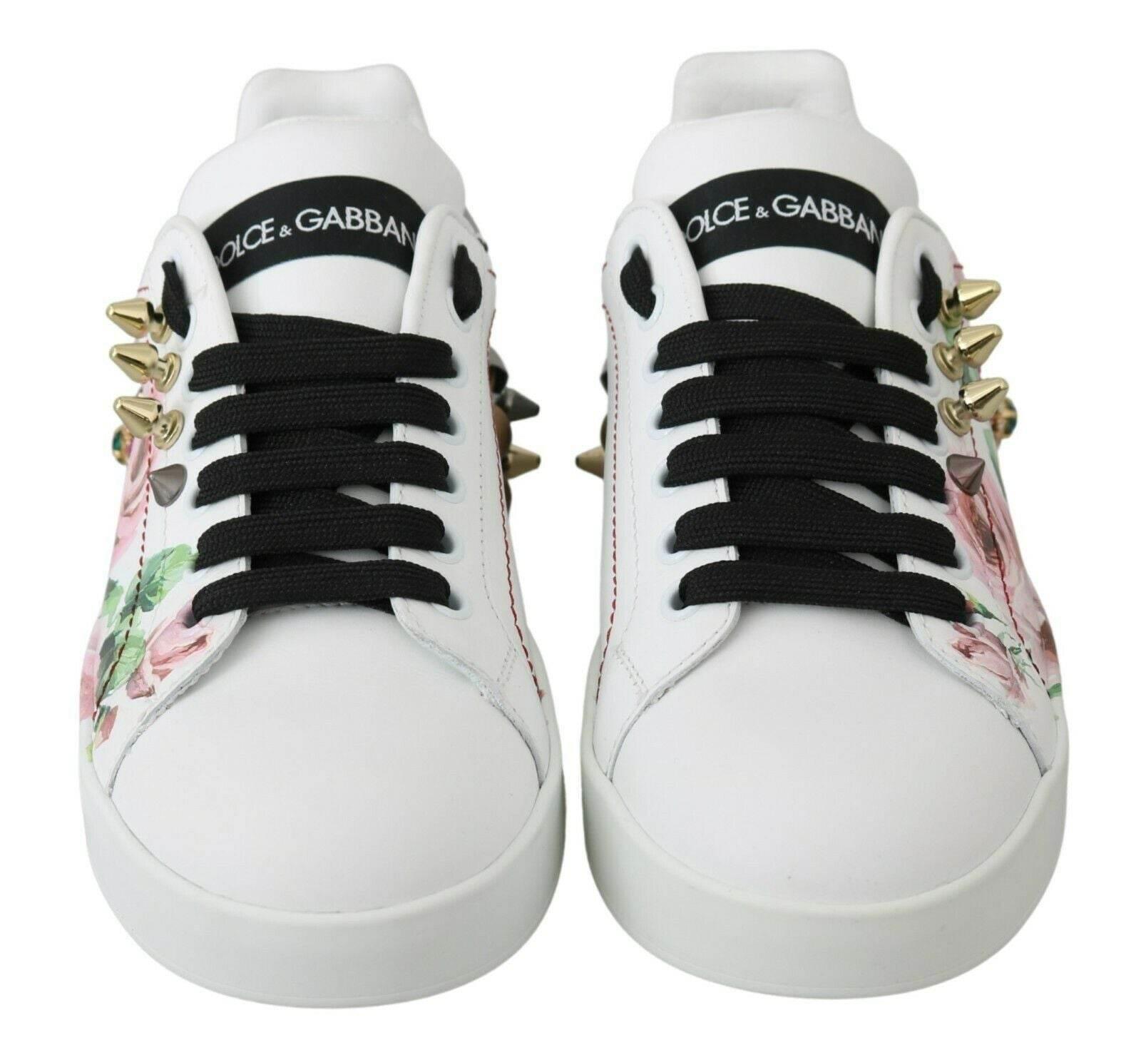 Dolce & Gabbana White Leather Crystal Roses Floral Sneakers Shoes - Hilstor