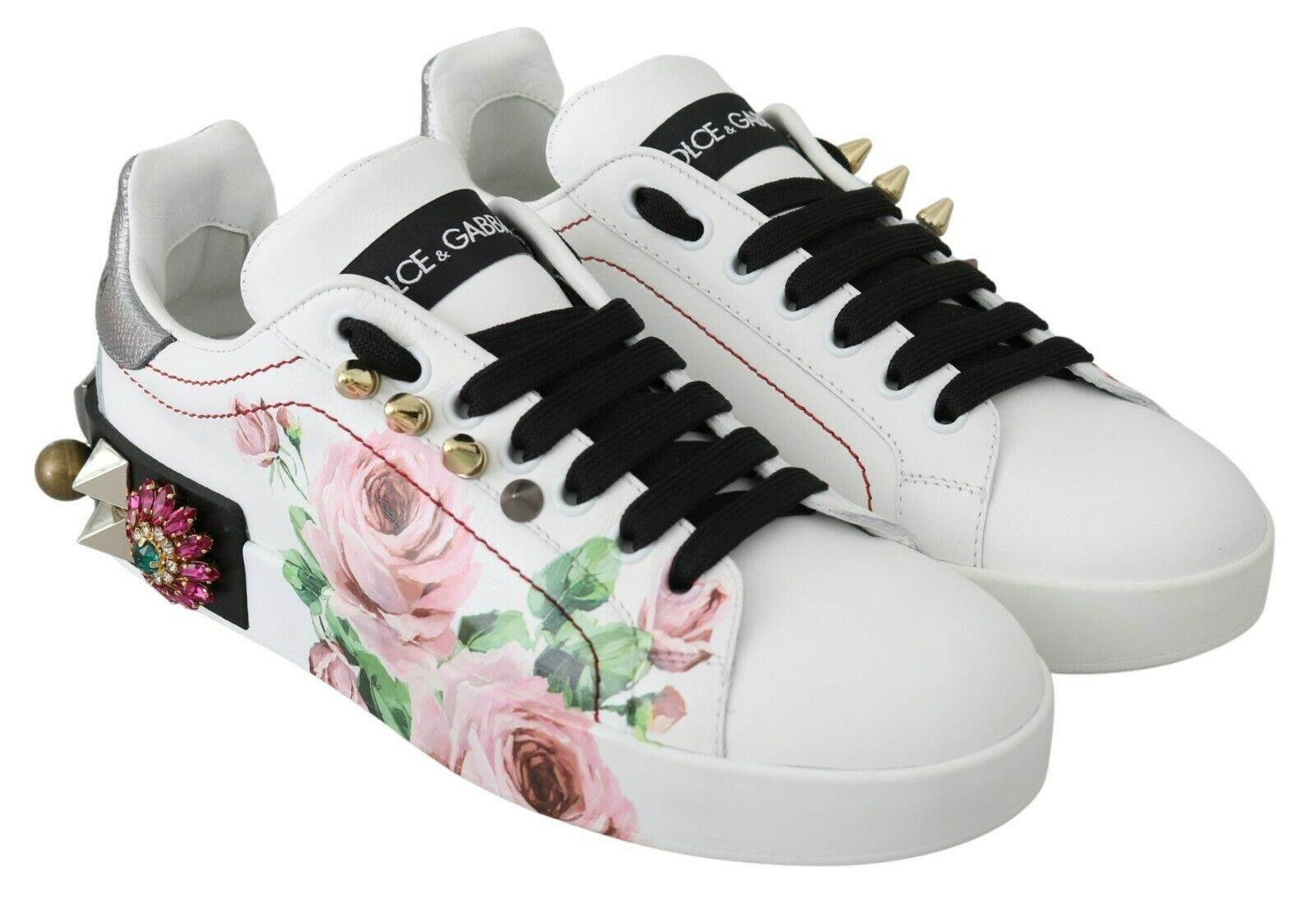 Dolce & Gabbana White Leather Crystal Roses Floral Sneakers Shoes - Hilstor