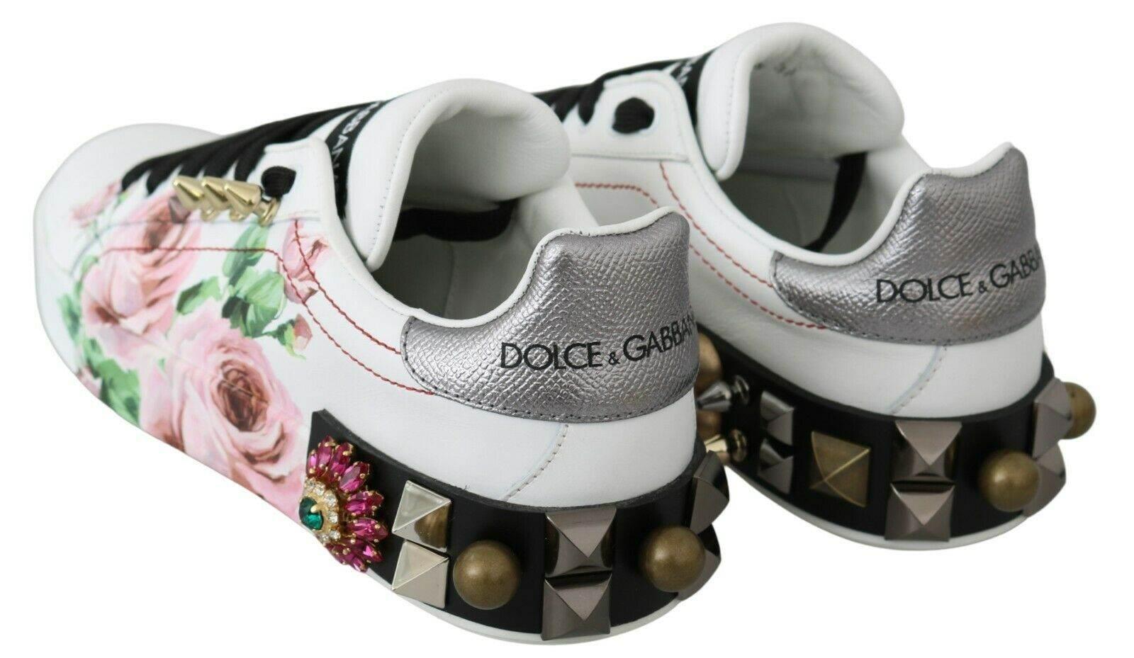 Dolce & Gabbana White Leather Crystal Roses Floral Sneakers Shoes - Hilstor