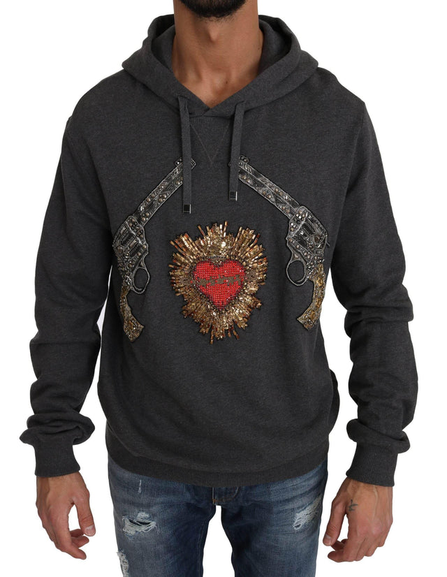 Dolce & Gabbana Gray Hooded Red Crystal Heart Gun Sweater - Hilstor
