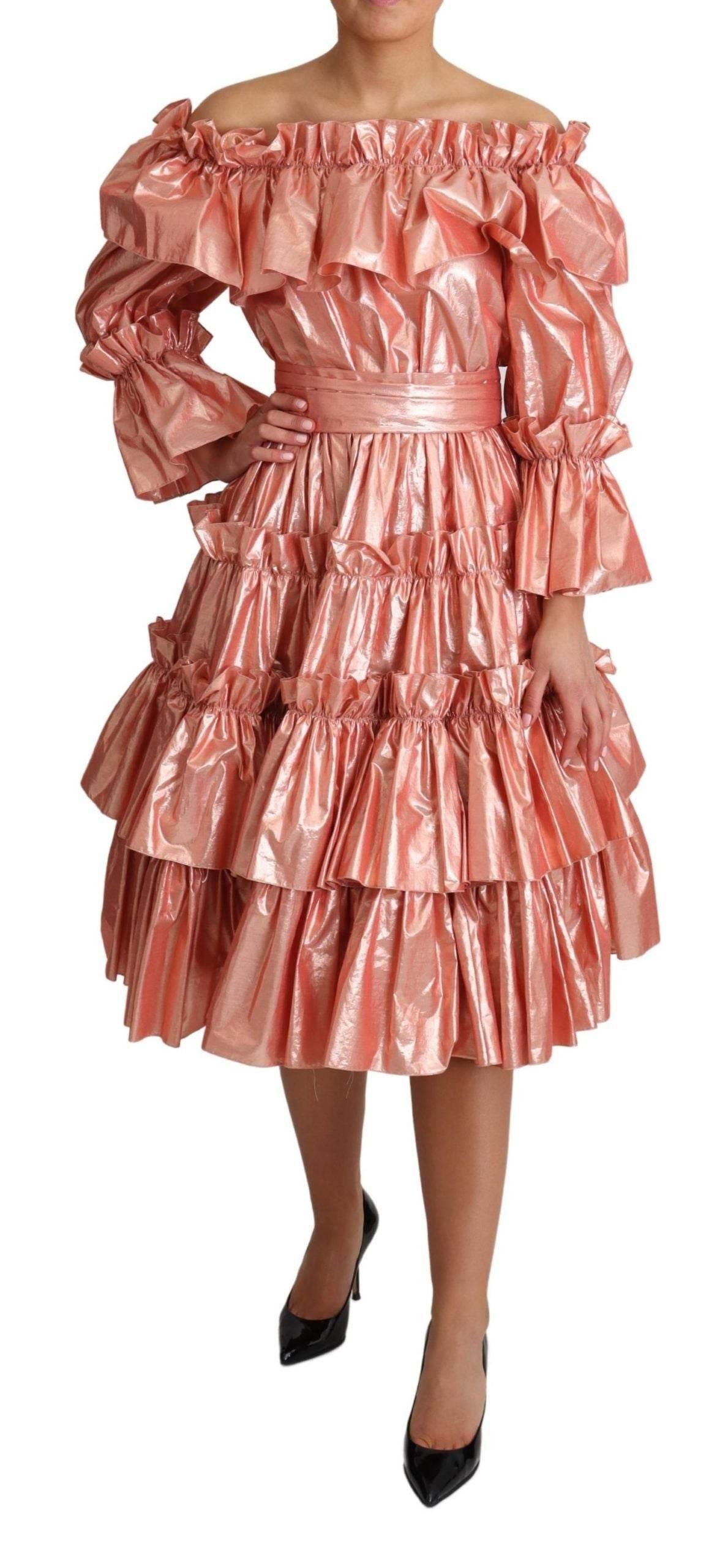 Dolce & Gabbana Pink Metallic Ruffled Gown Elegance - Hilstor