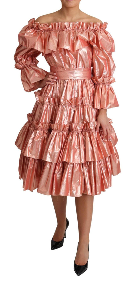 Dolce & Gabbana Pink Metallic Ruffled Gown Elegance - Hilstor